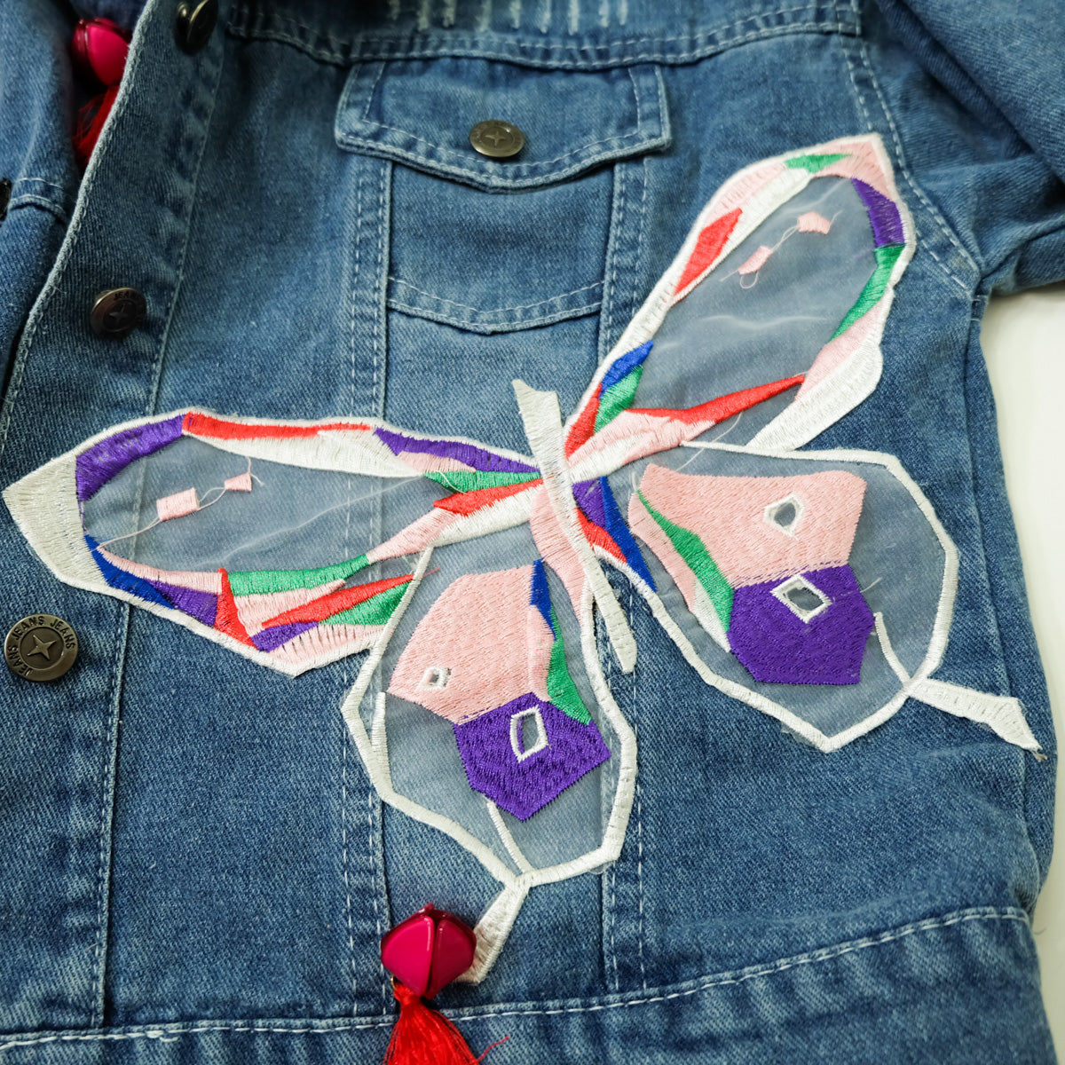 Ladies XL Butterfly Art Embroidered Denim Jacket | Colorful Appliqué Tassel Jean Trucker | Japanese Streetwear Wearable Art
