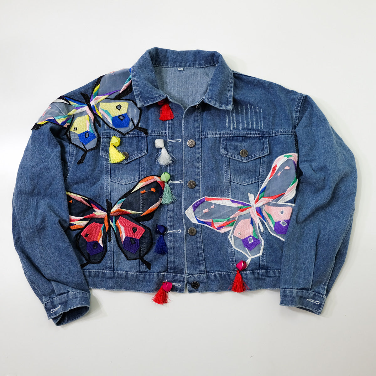 Ladies XL Butterfly Art Embroidered Denim Jacket | Colorful Appliqué Tassel Jean Trucker | Japanese Streetwear Wearable Art