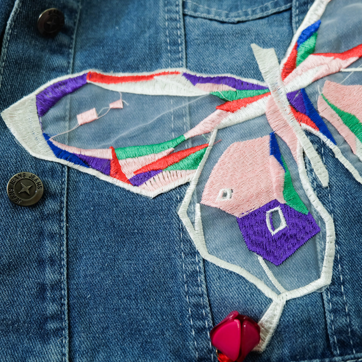 Ladies XL Butterfly Art Embroidered Denim Jacket | Colorful Appliqué Tassel Jean Trucker | Japanese Streetwear Wearable Art