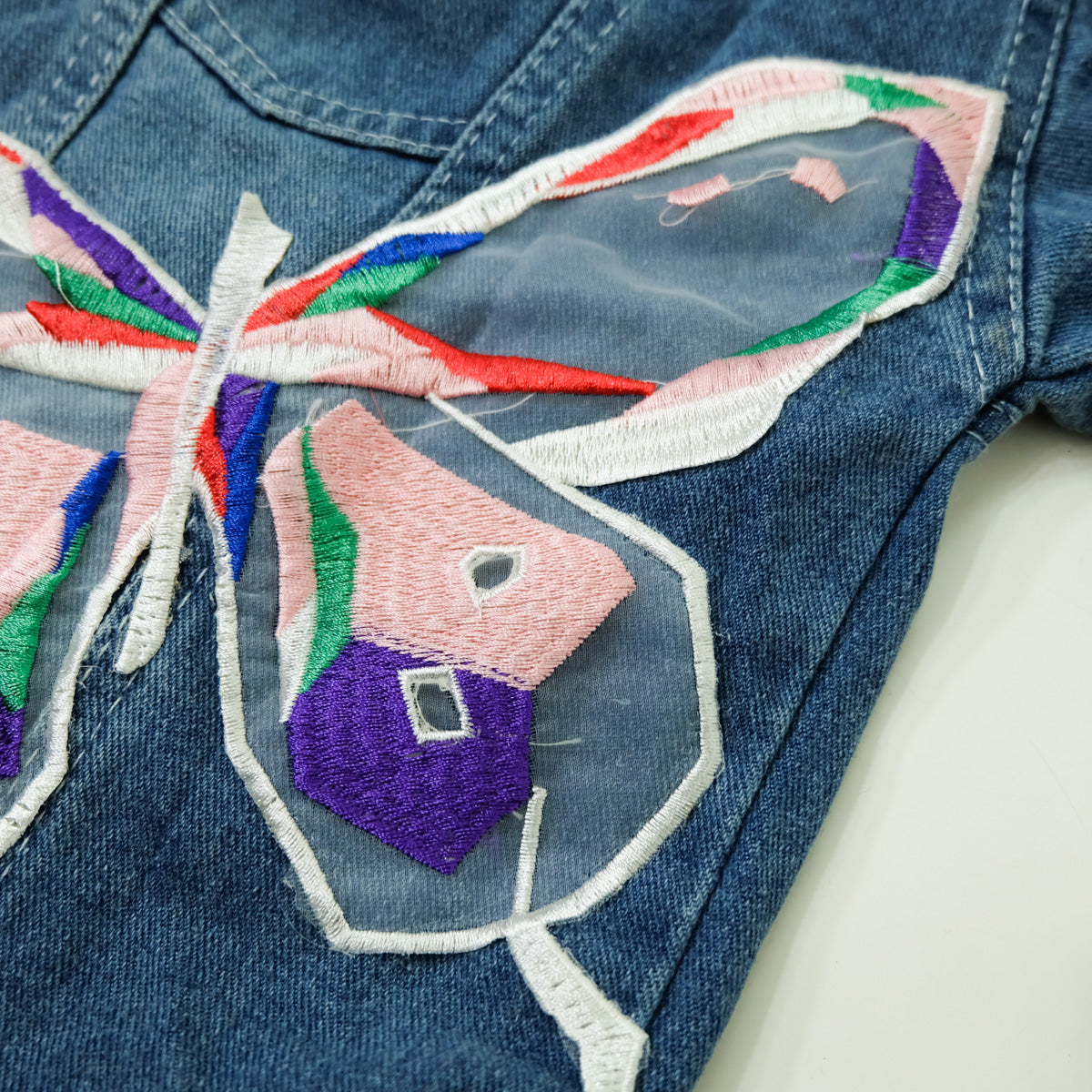 Ladies XL Butterfly Art Embroidered Denim Jacket | Colorful Appliqué Tassel Jean Trucker | Japanese Streetwear Wearable Art