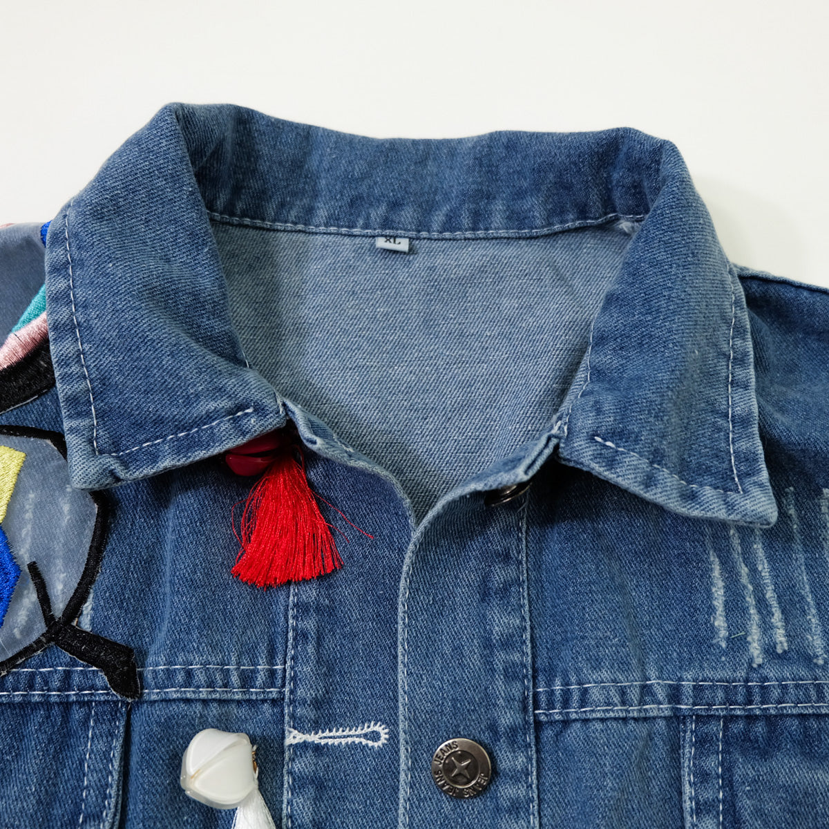 Ladies XL Butterfly Art Embroidered Denim Jacket | Colorful Appliqué Tassel Jean Trucker | Japanese Streetwear Wearable Art