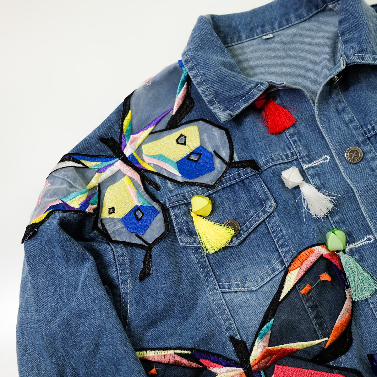 Ladies XL Butterfly Art Embroidered Denim Jacket | Colorful Appliqué Tassel Jean Trucker | Japanese Streetwear Wearable Art