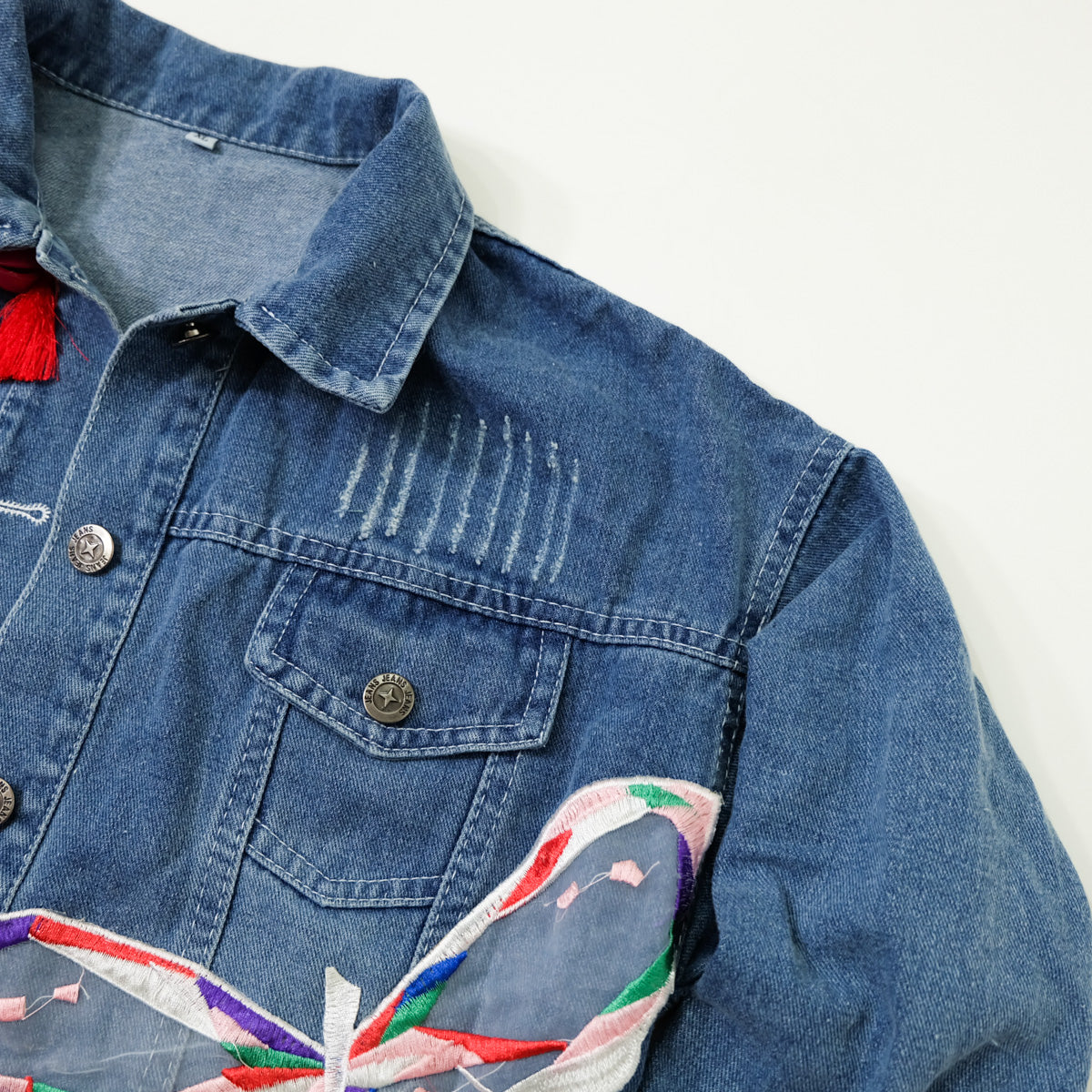 Ladies XL Butterfly Art Embroidered Denim Jacket | Colorful Appliqué Tassel Jean Trucker | Japanese Streetwear Wearable Art