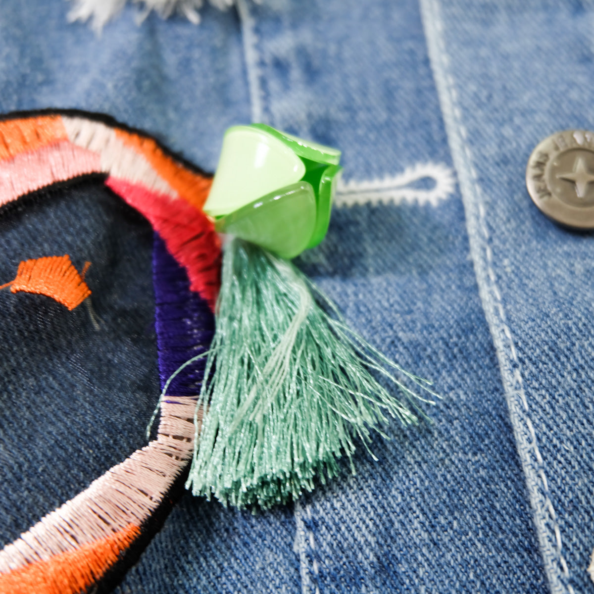 Ladies XL Butterfly Art Embroidered Denim Jacket | Colorful Appliqué Tassel Jean Trucker | Japanese Streetwear Wearable Art