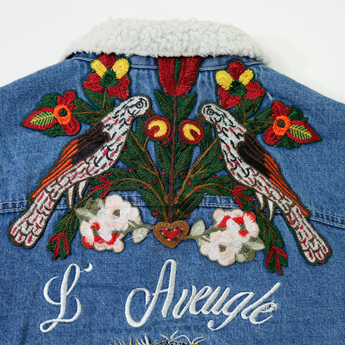 L’Aveugle Par Amour Tiger Embroidered Custom Patches Sherpa Denim Jacket | Butterfly Rose Bird Patch Trucker Coat | Maximalist Streetwear (Copy)