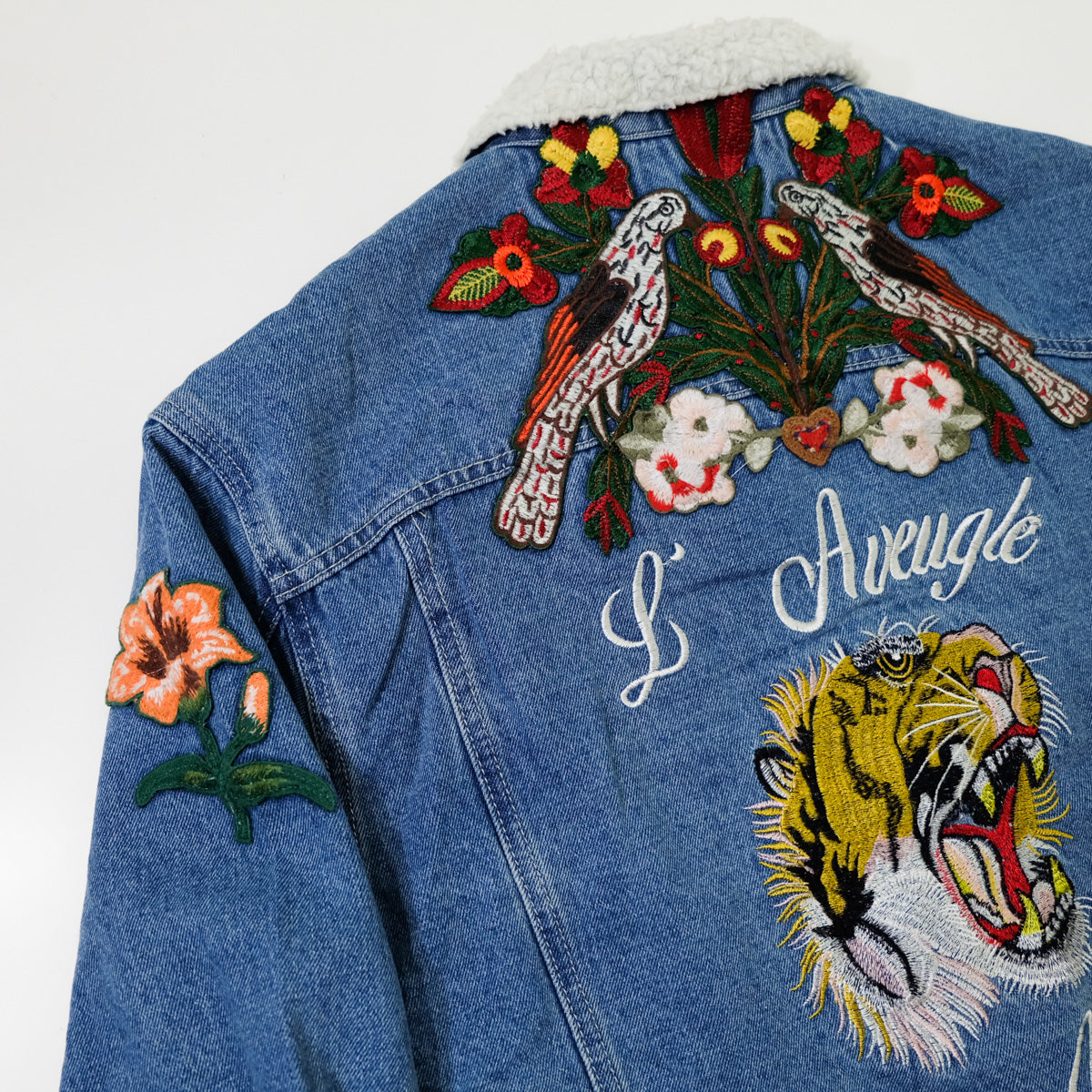 L’Aveugle Par Amour Tiger Embroidered Custom Patches Sherpa Denim Jacket | Butterfly Rose Bird Patch Trucker Coat | Maximalist Streetwear (Copy)