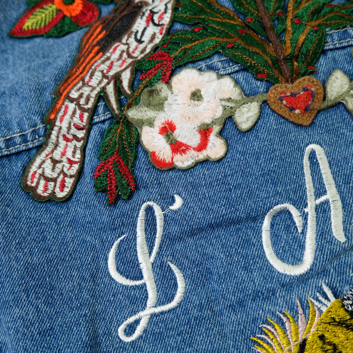 L’Aveugle Par Amour Tiger Embroidered Custom Patches Sherpa Denim Jacket | Butterfly Rose Bird Patch Trucker Coat | Maximalist Streetwear (Copy)