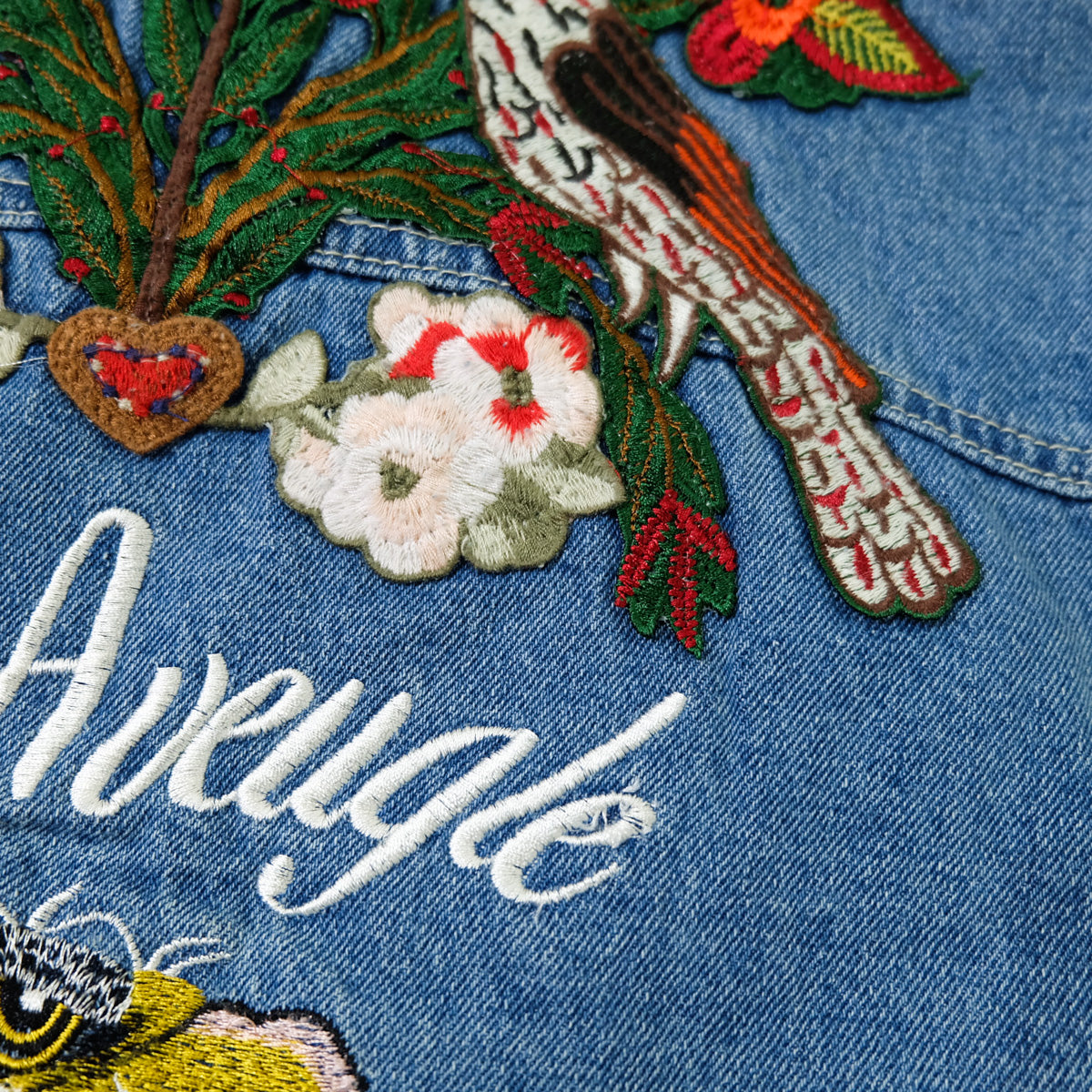 L’Aveugle Par Amour Tiger Embroidered Custom Patches Sherpa Denim Jacket | Butterfly Rose Bird Patch Trucker Coat | Maximalist Streetwear (Copy)
