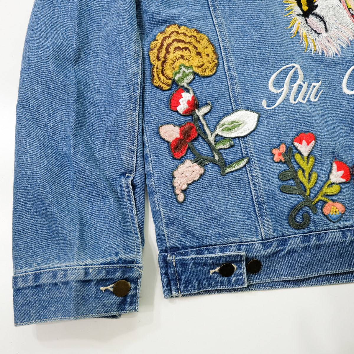 L’Aveugle Par Amour Tiger Embroidered Custom Patches Sherpa Denim Jacket | Butterfly Rose Bird Patch Trucker Coat | Maximalist Streetwear (Copy)