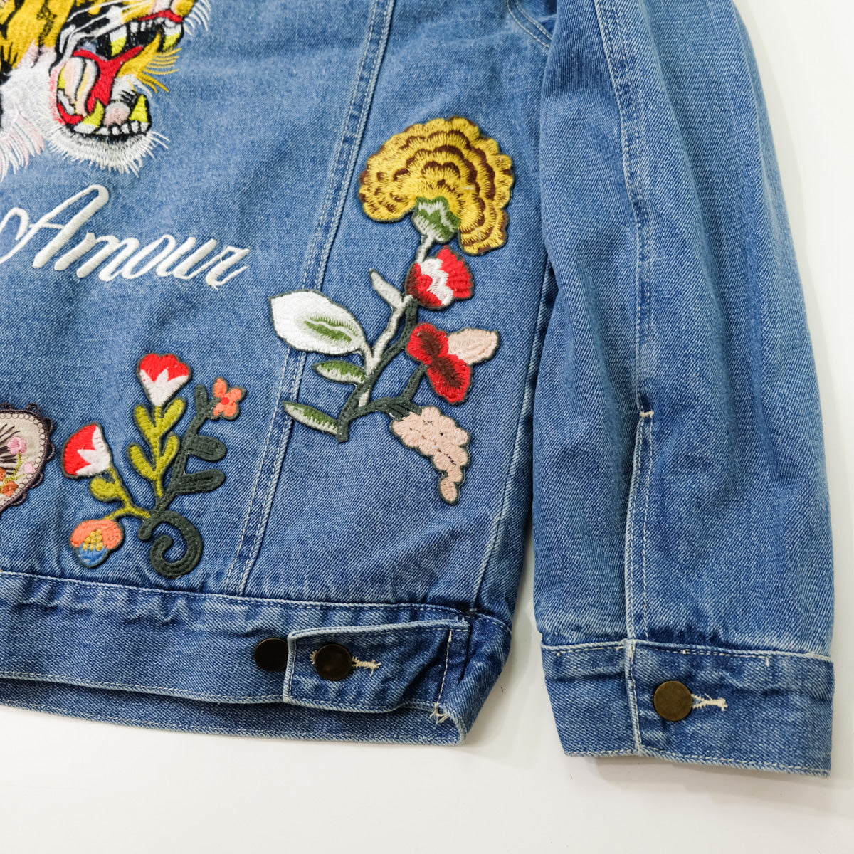 L’Aveugle Par Amour Tiger Embroidered Custom Patches Sherpa Denim Jacket | Butterfly Rose Bird Patch Trucker Coat | Maximalist Streetwear (Copy)