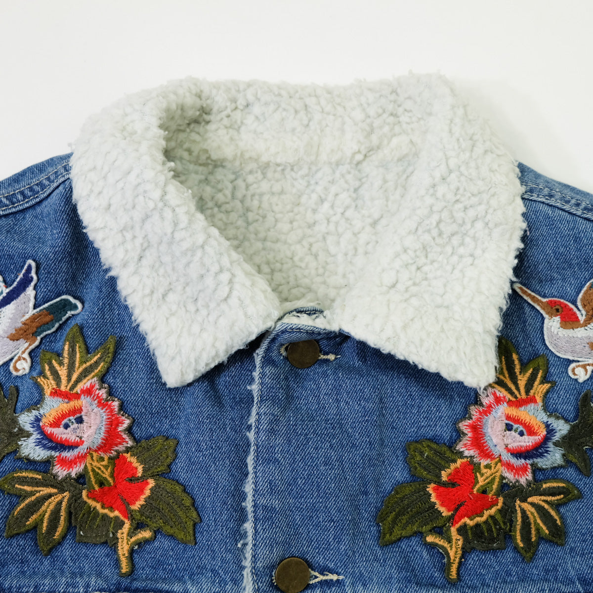 L’Aveugle Par Amour Tiger Embroidered Custom Patches Sherpa Denim Jacket | Butterfly Rose Bird Patch Trucker Coat | Maximalist Streetwear (Copy)