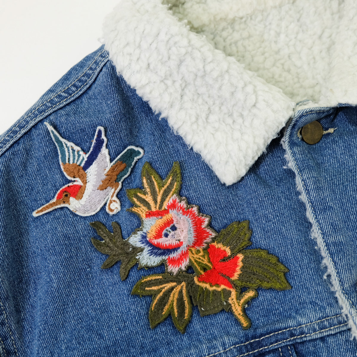 L’Aveugle Par Amour Tiger Embroidered Custom Patches Sherpa Denim Jacket | Butterfly Rose Bird Patch Trucker Coat | Maximalist Streetwear (Copy)