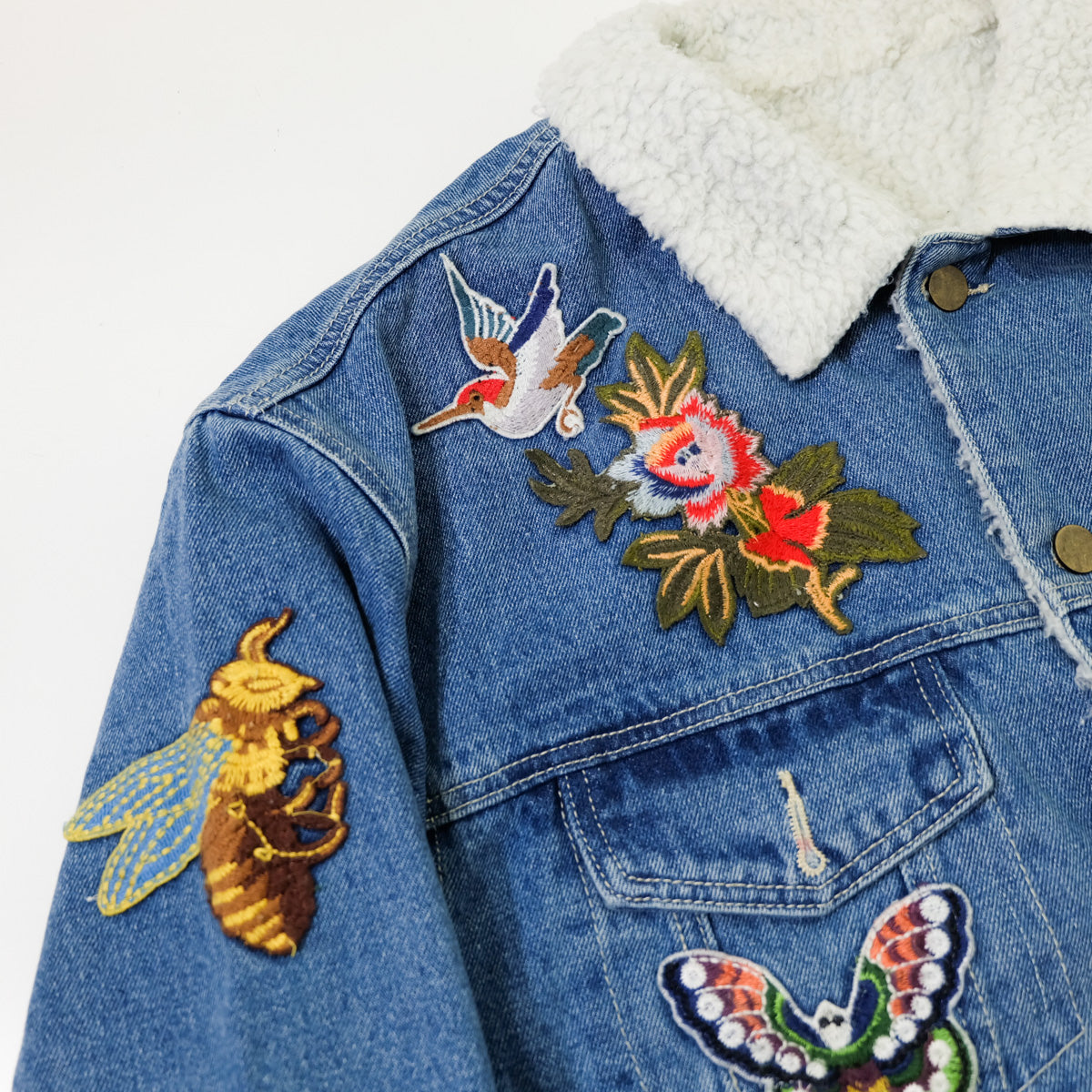 L’Aveugle Par Amour Tiger Embroidered Custom Patches Sherpa Denim Jacket | Butterfly Rose Bird Patch Trucker Coat | Maximalist Streetwear (Copy)