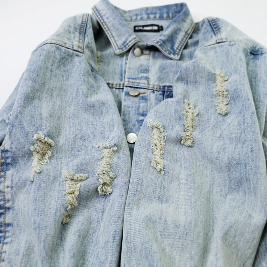 CALMIND Oriental Brocade Patchwork Distressed Denim Jacket Size L | Japanese Chinese Textile Art Zip Back Trucker Jean Jacket