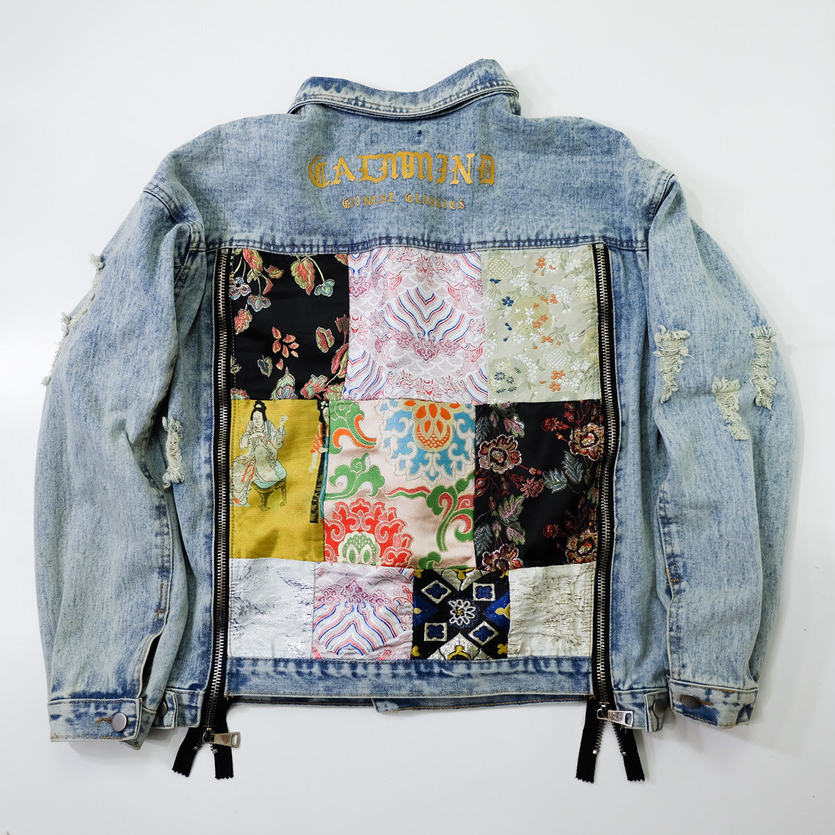 CALMIND Oriental Brocade Patchwork Distressed Denim Jacket Size L | Japanese Chinese Textile Art Zip Back Trucker Jean Jacket