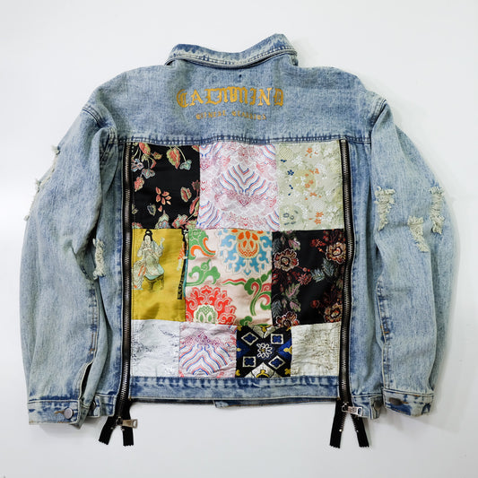 CALMIND Oriental Brocade Patchwork Distressed Denim Jacket Size L | Japanese Chinese Textile Art Zip Back Trucker Jean Jacket