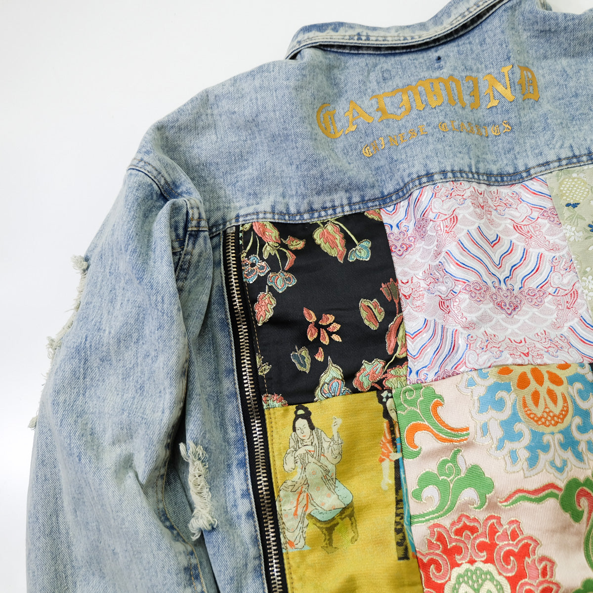 CALMIND Oriental Brocade Patchwork Distressed Denim Jacket Size L | Japanese Chinese Textile Art Zip Back Trucker Jean Jacket