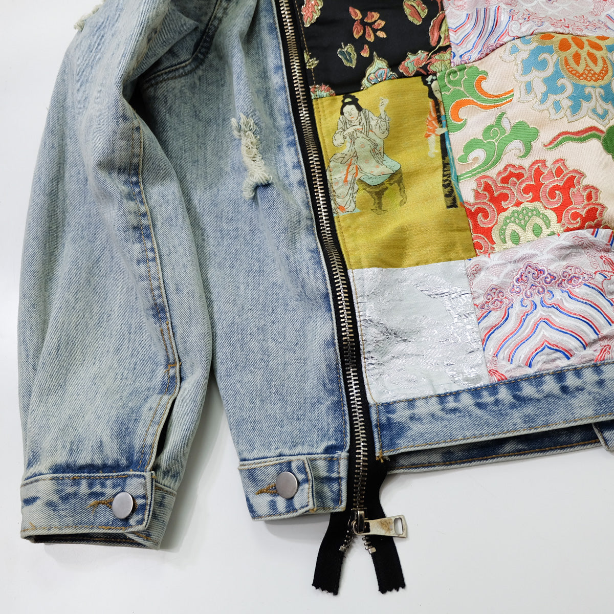 CALMIND Oriental Brocade Patchwork Distressed Denim Jacket Size L | Japanese Chinese Textile Art Zip Back Trucker Jean Jacket
