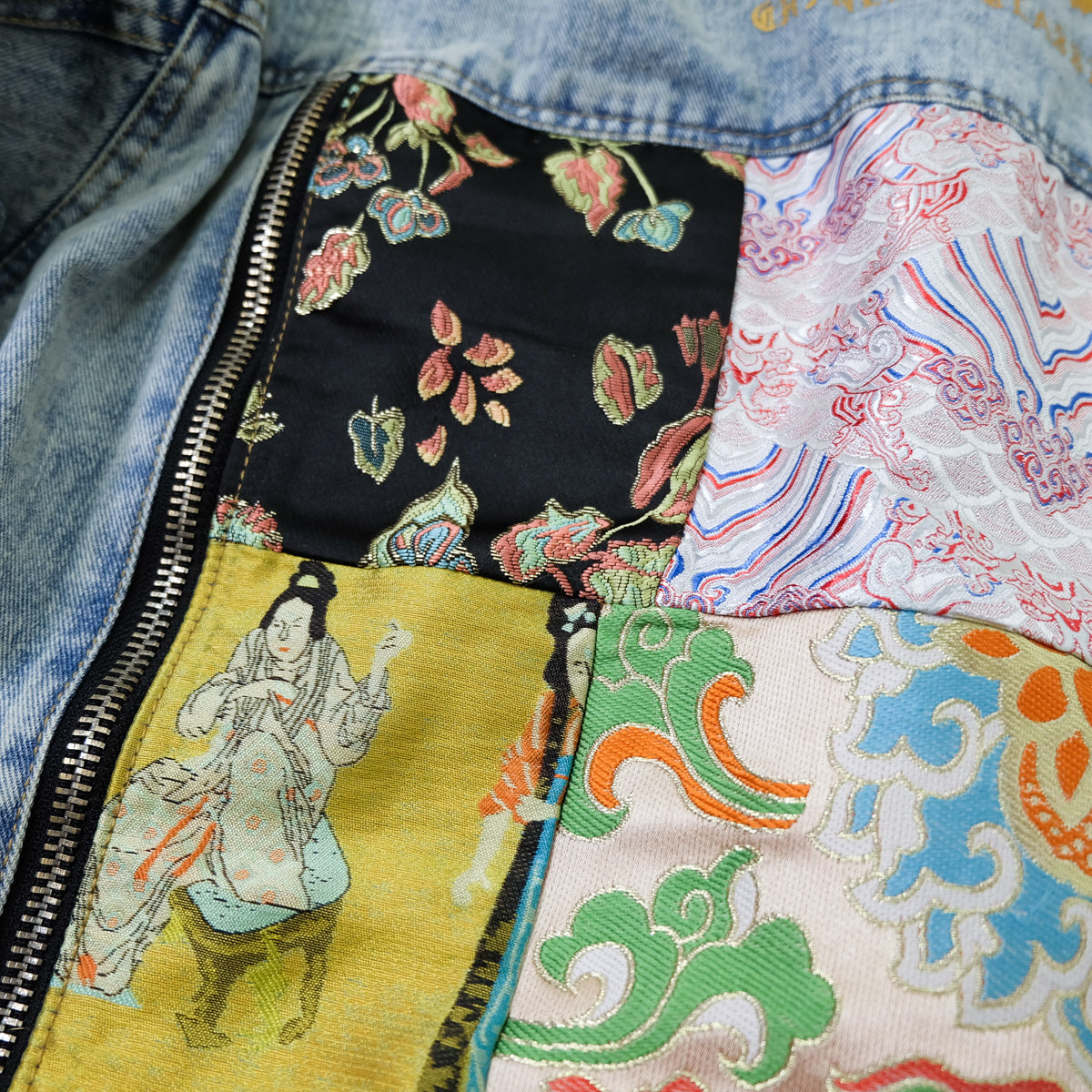 CALMIND Oriental Brocade Patchwork Distressed Denim Jacket Size L | Japanese Chinese Textile Art Zip Back Trucker Jean Jacket