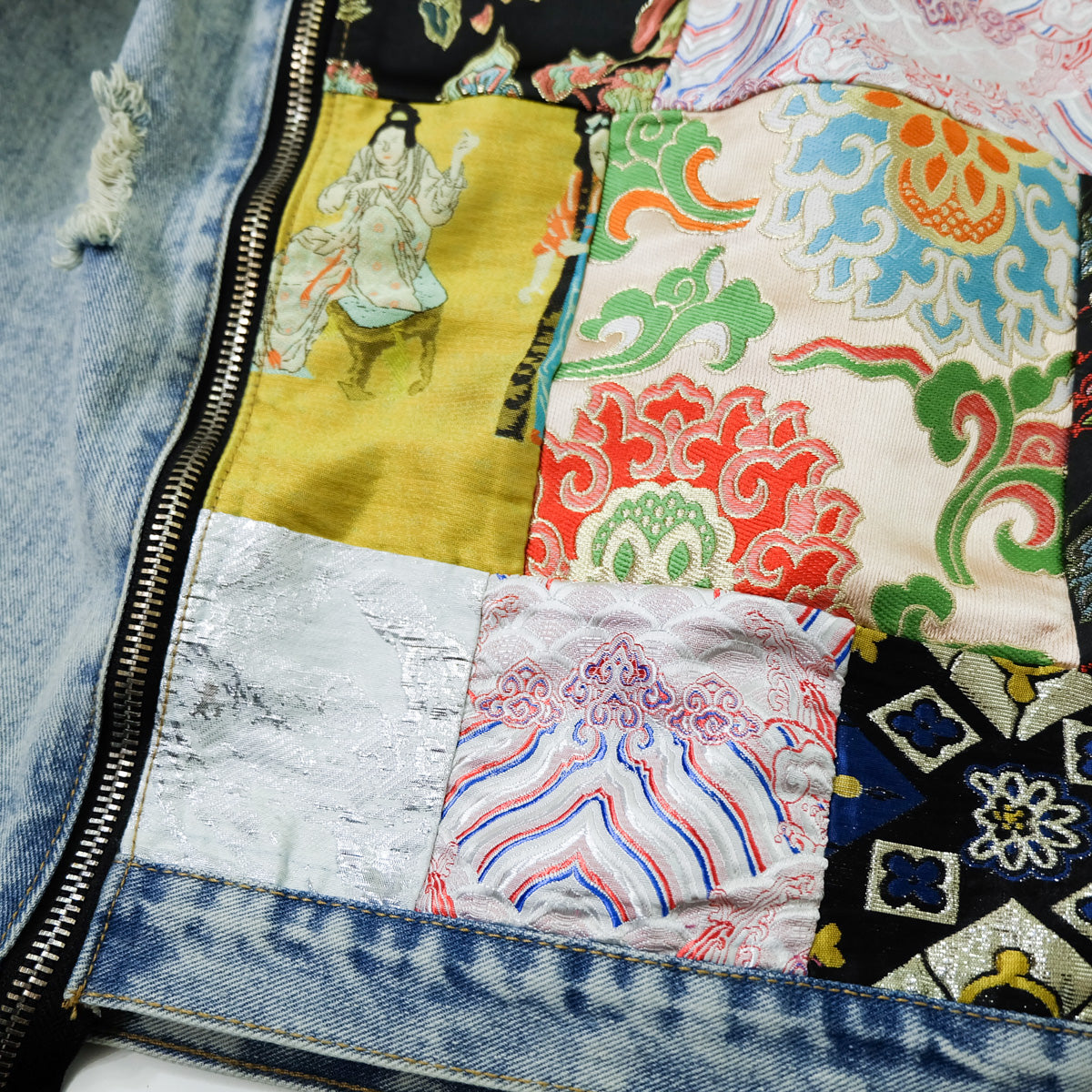 CALMIND Oriental Brocade Patchwork Distressed Denim Jacket Size L | Japanese Chinese Textile Art Zip Back Trucker Jean Jacket