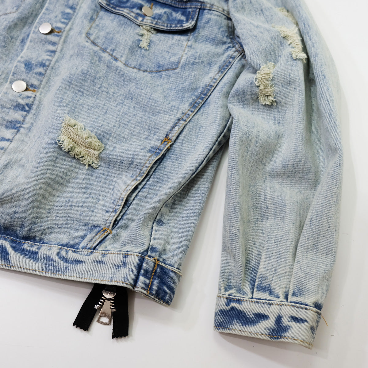 CALMIND Oriental Brocade Patchwork Distressed Denim Jacket Size L | Japanese Chinese Textile Art Zip Back Trucker Jean Jacket