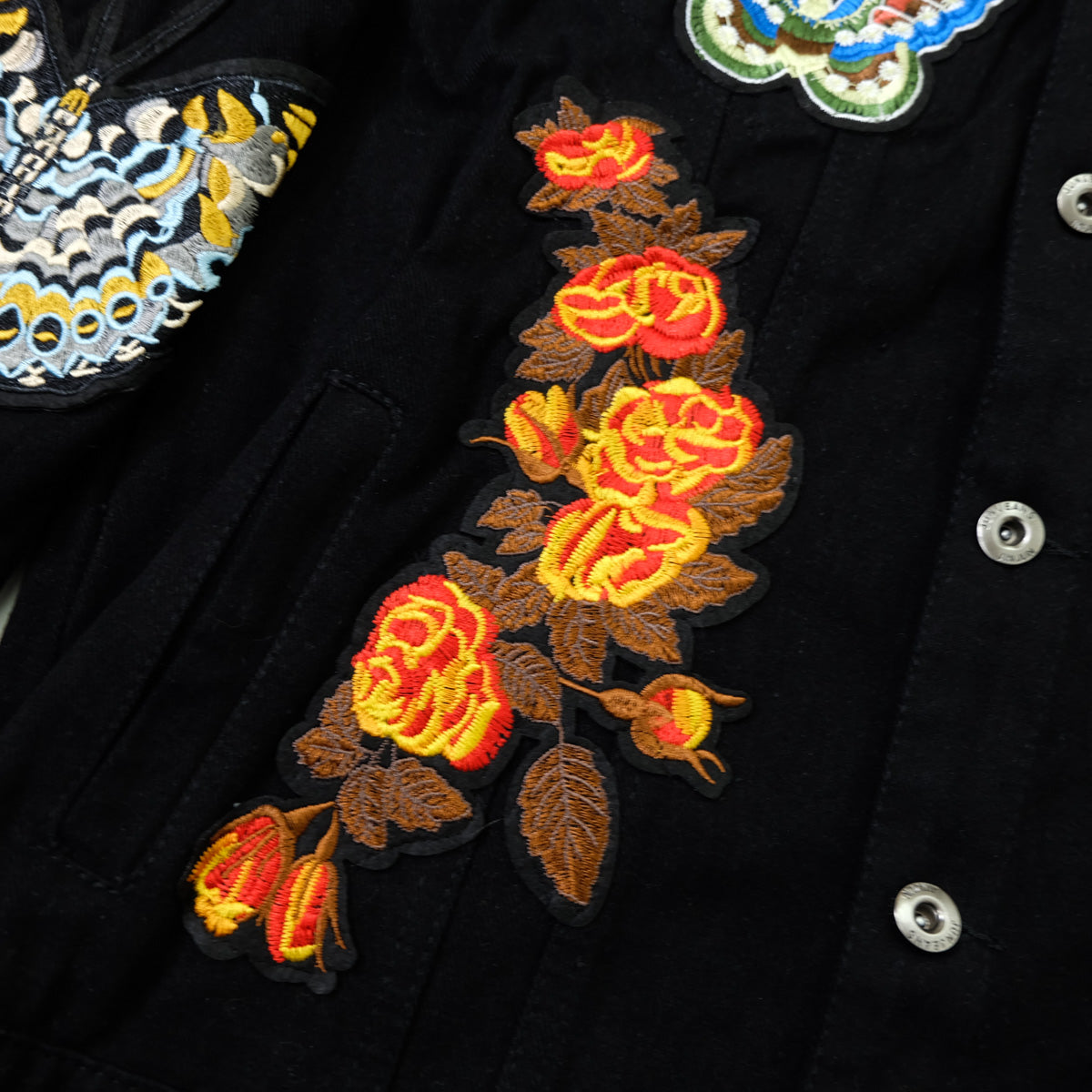 Black Embroidered Tiger Butterfly Floral Denim Jacket | L’Aveugle Pur Amour Patchwork Trucker Custom Patches | Wearable Art Statement Jean Jacket