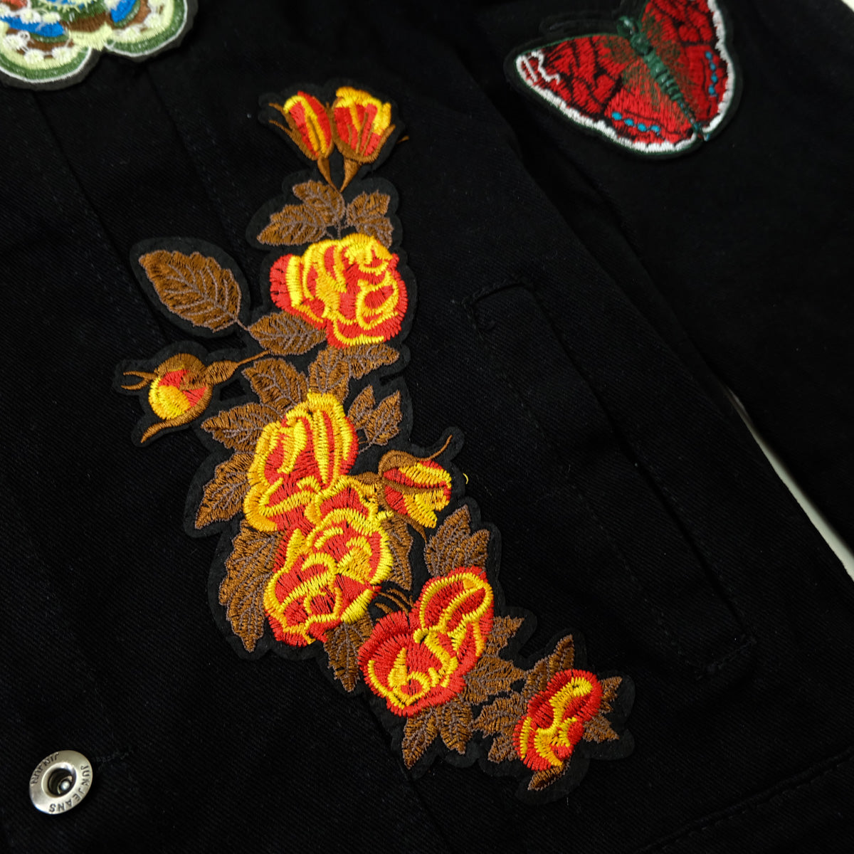 Black Embroidered Tiger Butterfly Floral Denim Jacket | L’Aveugle Pur Amour Patchwork Trucker Custom Patches | Wearable Art Statement Jean Jacket