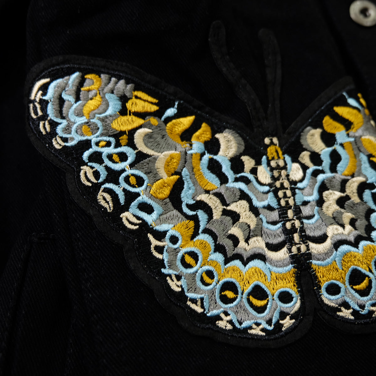 Black Embroidered Tiger Butterfly Floral Denim Jacket | L’Aveugle Pur Amour Patchwork Trucker Custom Patches | Wearable Art Statement Jean Jacket