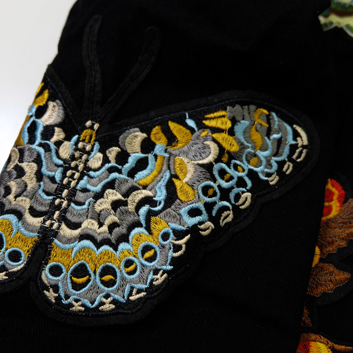 Black Embroidered Tiger Butterfly Floral Denim Jacket | L’Aveugle Pur Amour Patchwork Trucker Custom Patches | Wearable Art Statement Jean Jacket
