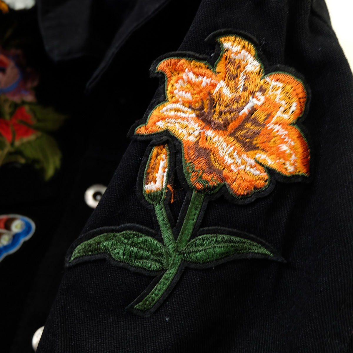 Black Embroidered Tiger Butterfly Floral Denim Jacket | L’Aveugle Pur Amour Patchwork Trucker Custom Patches | Wearable Art Statement Jean Jacket