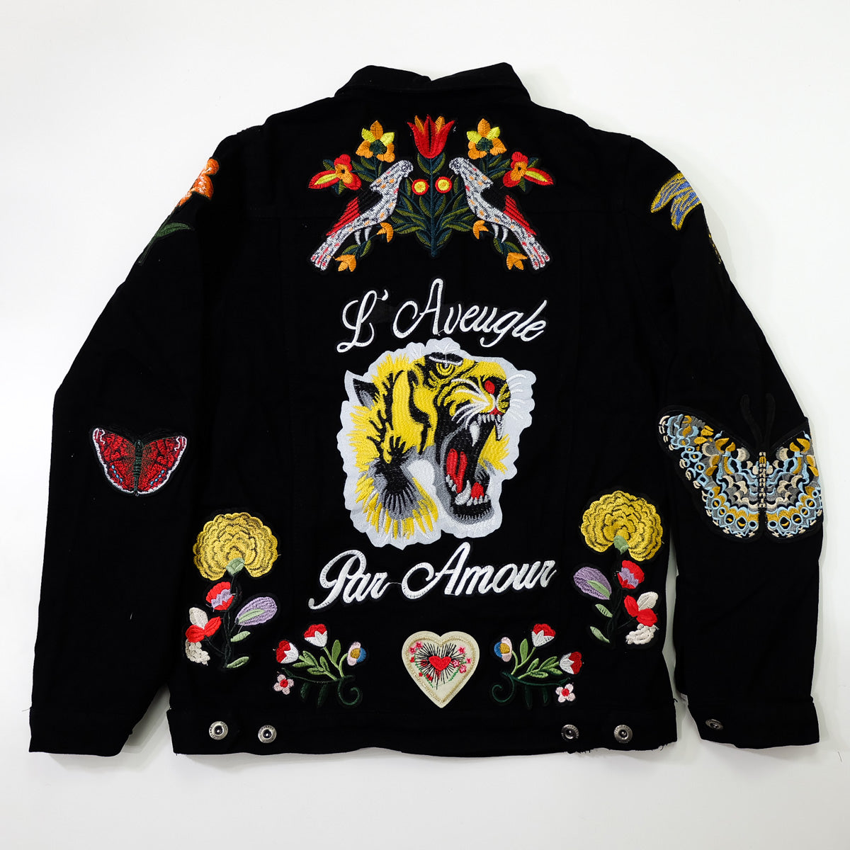 Black Embroidered Tiger Butterfly Floral Denim Jacket | L’Aveugle Pur Amour Patchwork Trucker Custom Patches | Wearable Art Statement Jean Jacket