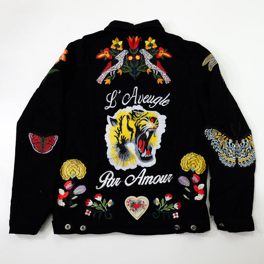 Black Embroidered Tiger Butterfly Floral Denim Jacket | L’Aveugle Pur Amour Patchwork Trucker Custom Patches | Wearable Art Statement Jean Jacket