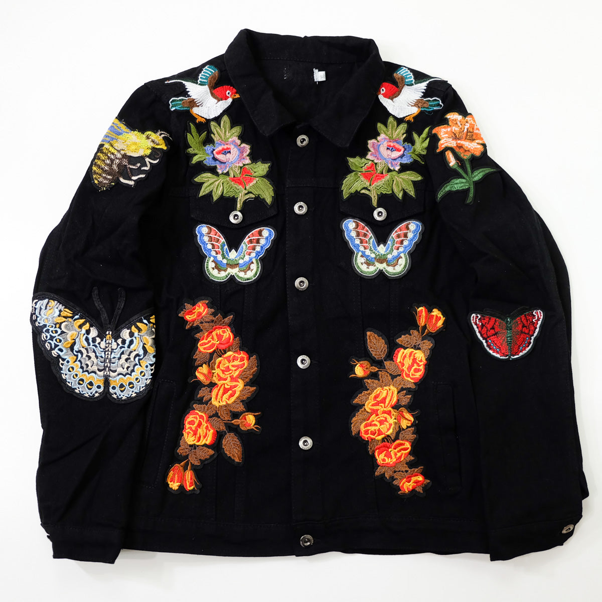 Black Embroidered Tiger Butterfly Floral Denim Jacket | L’Aveugle Pur Amour Patchwork Trucker Custom Patches | Wearable Art Statement Jean Jacket