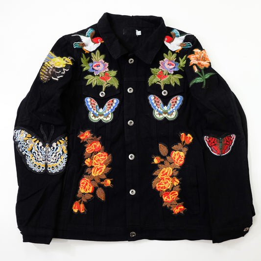 Black Embroidered Tiger Butterfly Floral Denim Jacket | L’Aveugle Pur Amour Patchwork Trucker Custom Patches | Wearable Art Statement Jean Jacket