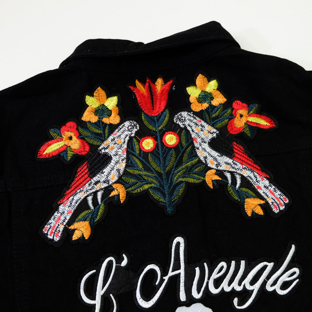 Black Embroidered Tiger Butterfly Floral Denim Jacket | L’Aveugle Pur Amour Patchwork Trucker Custom Patches | Wearable Art Statement Jean Jacket