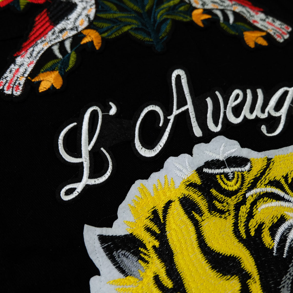 Black Embroidered Tiger Butterfly Floral Denim Jacket | L’Aveugle Pur Amour Patchwork Trucker Custom Patches | Wearable Art Statement Jean Jacket