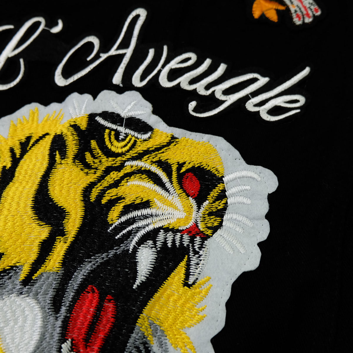 Black Embroidered Tiger Butterfly Floral Denim Jacket | L’Aveugle Pur Amour Patchwork Trucker Custom Patches | Wearable Art Statement Jean Jacket