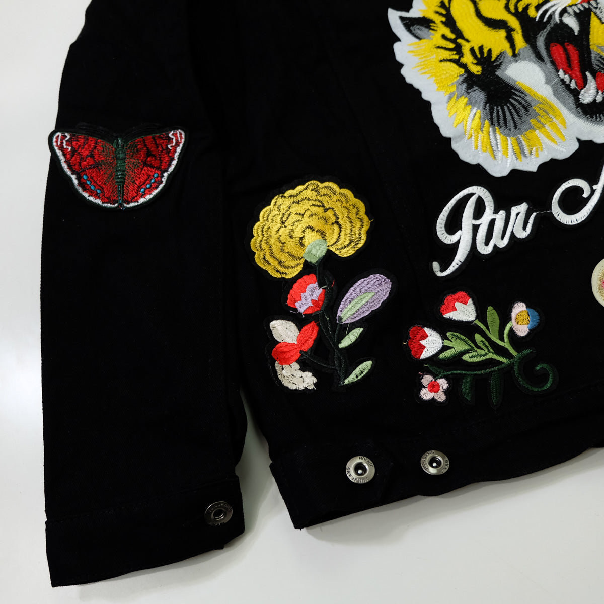 Black Embroidered Tiger Butterfly Floral Denim Jacket | L’Aveugle Pur Amour Patchwork Trucker Custom Patches | Wearable Art Statement Jean Jacket
