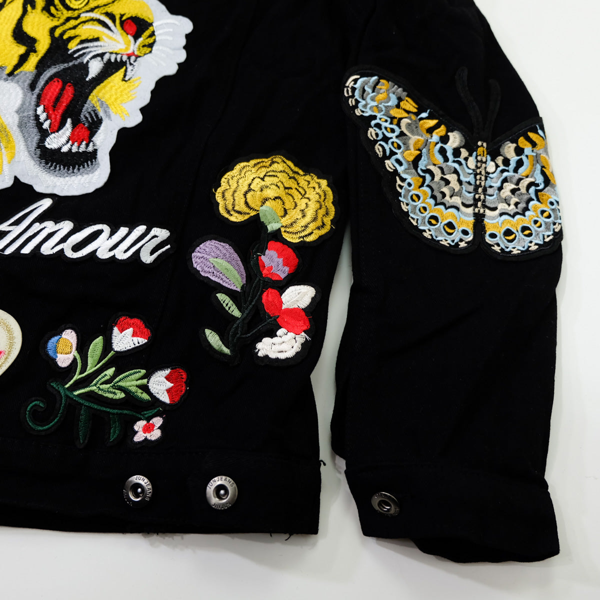 Black Embroidered Tiger Butterfly Floral Denim Jacket | L’Aveugle Pur Amour Patchwork Trucker Custom Patches | Wearable Art Statement Jean Jacket