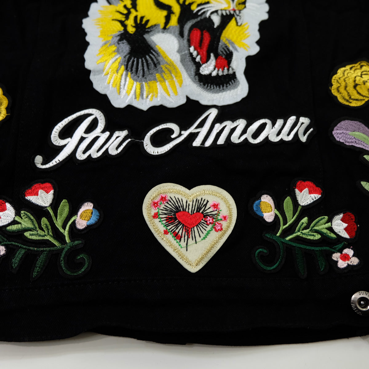 Black Embroidered Tiger Butterfly Floral Denim Jacket | L’Aveugle Pur Amour Patchwork Trucker Custom Patches | Wearable Art Statement Jean Jacket