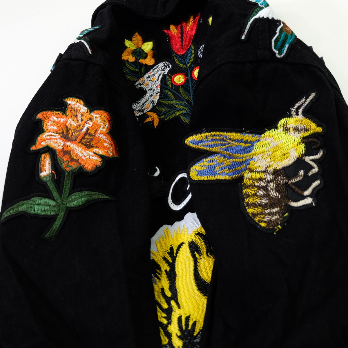 Black Embroidered Tiger Butterfly Floral Denim Jacket | L’Aveugle Pur Amour Patchwork Trucker Custom Patches | Wearable Art Statement Jean Jacket