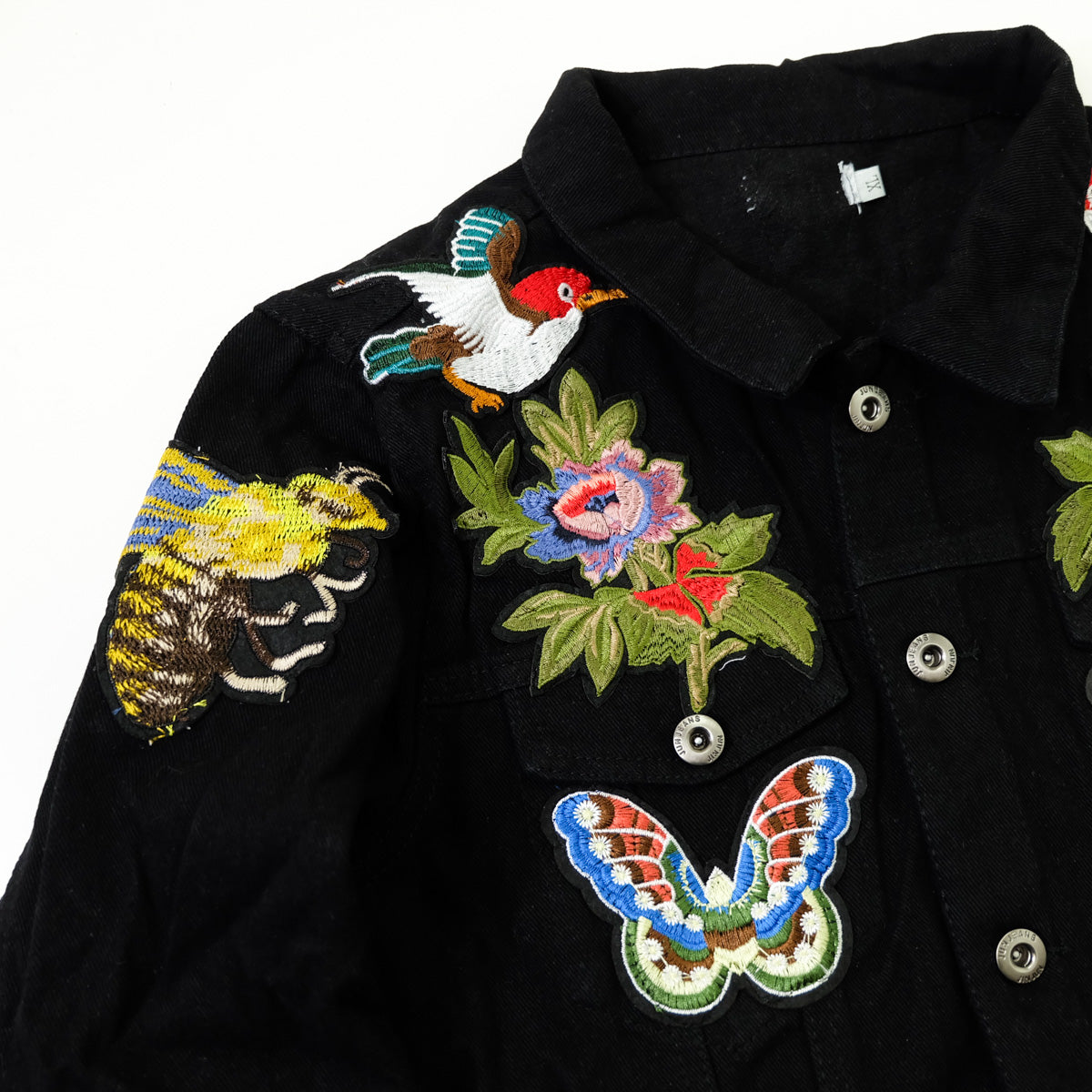 Black Embroidered Tiger Butterfly Floral Denim Jacket | L’Aveugle Pur Amour Patchwork Trucker Custom Patches | Wearable Art Statement Jean Jacket
