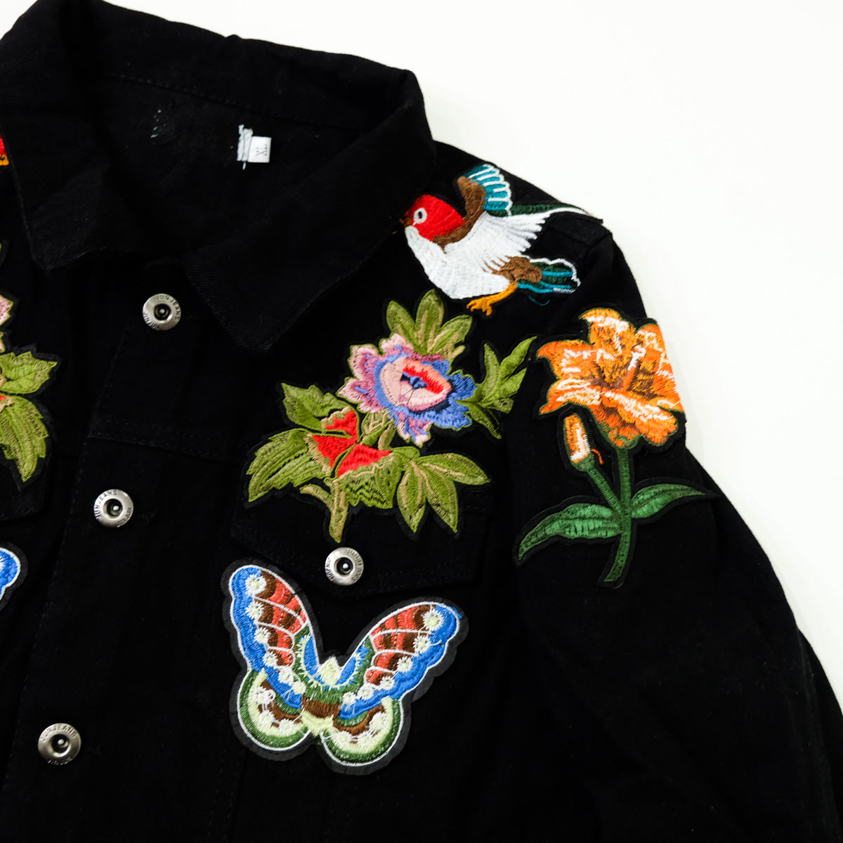 Black Embroidered Tiger Butterfly Floral Denim Jacket | L’Aveugle Pur Amour Patchwork Trucker Custom Patches | Wearable Art Statement Jean Jacket