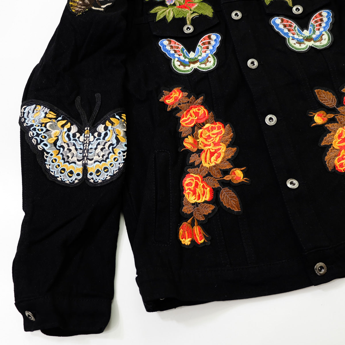 Black Embroidered Tiger Butterfly Floral Denim Jacket | L’Aveugle Pur Amour Patchwork Trucker Custom Patches | Wearable Art Statement Jean Jacket