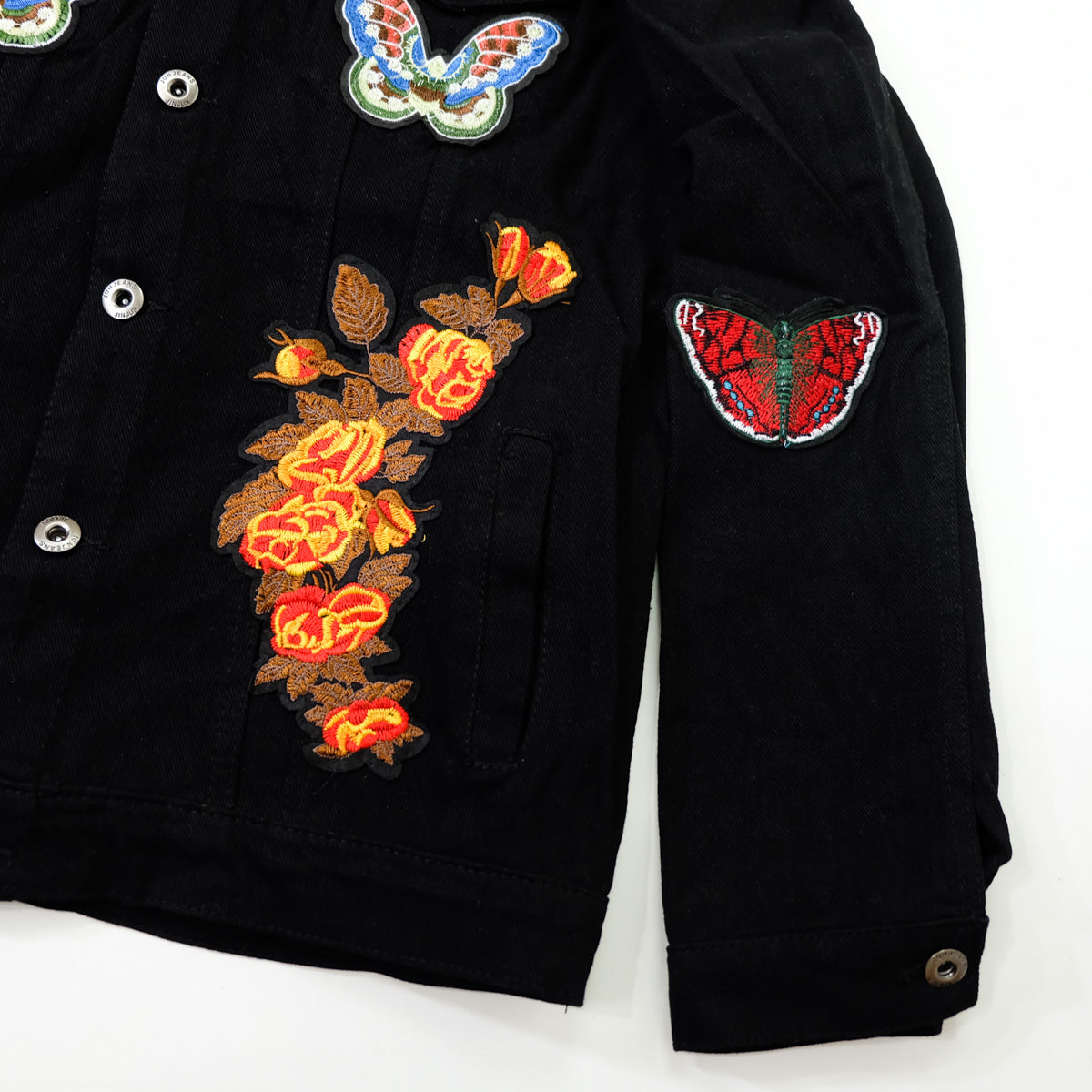 Black Embroidered Tiger Butterfly Floral Denim Jacket | L’Aveugle Pur Amour Patchwork Trucker Custom Patches | Wearable Art Statement Jean Jacket