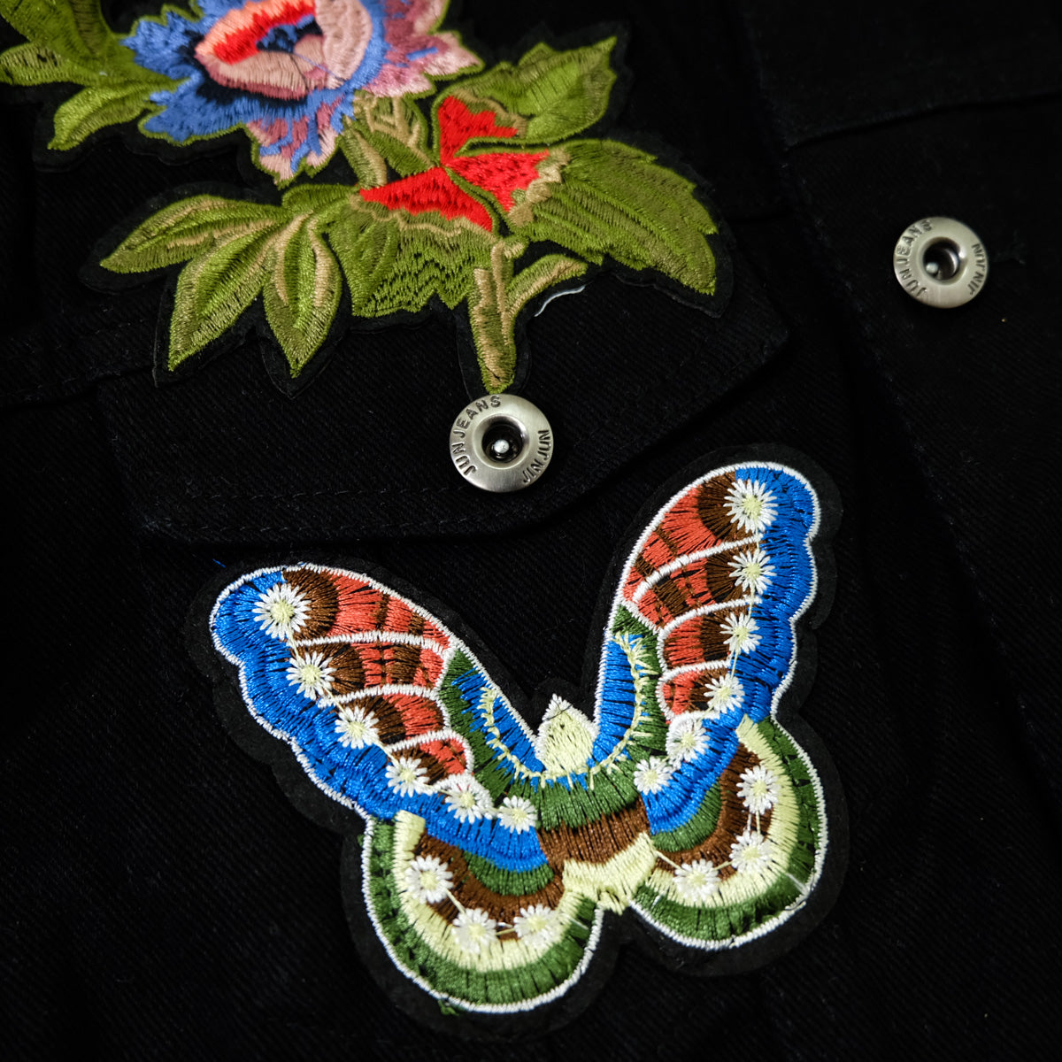 Black Embroidered Tiger Butterfly Floral Denim Jacket | L’Aveugle Pur Amour Patchwork Trucker Custom Patches | Wearable Art Statement Jean Jacket