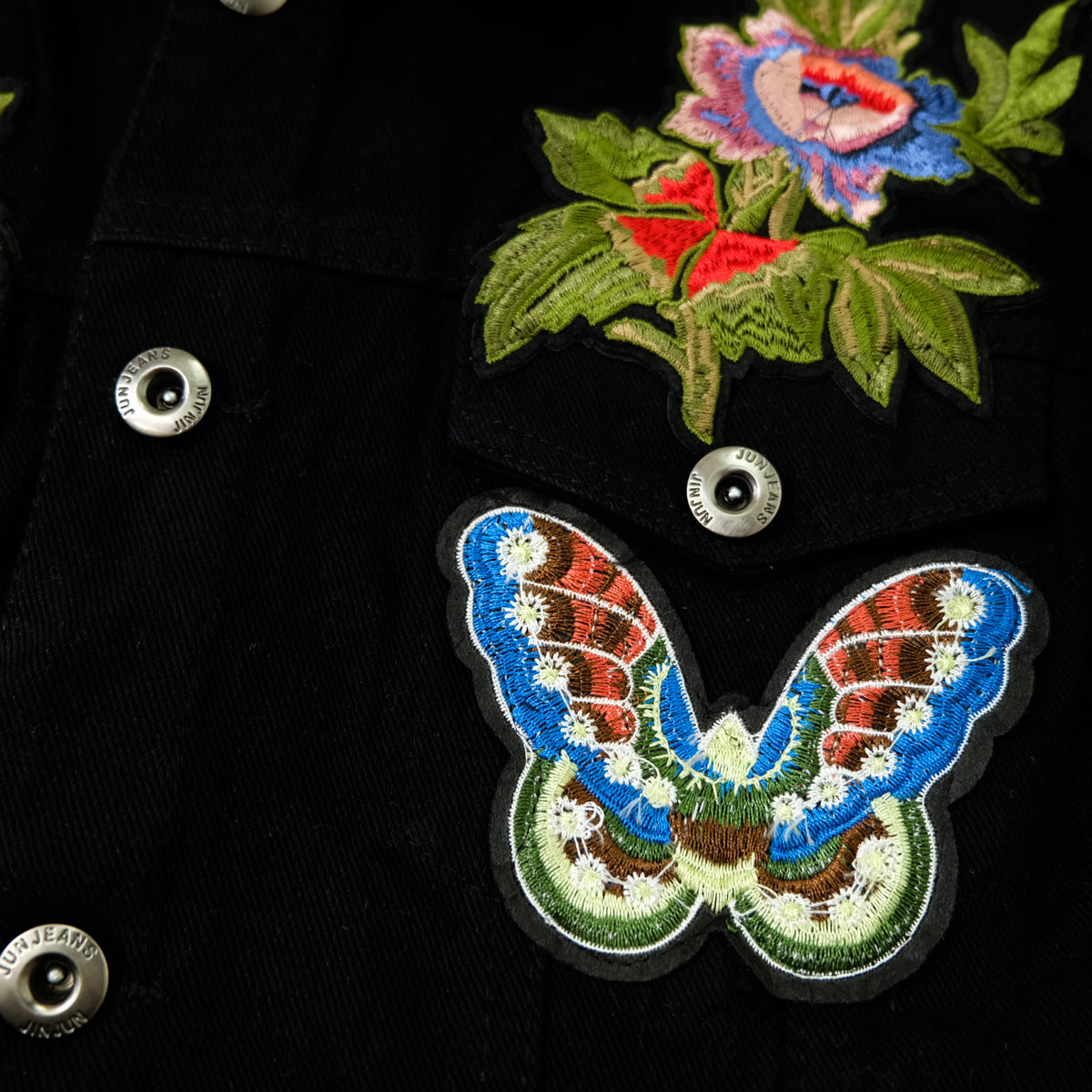 Black Embroidered Tiger Butterfly Floral Denim Jacket | L’Aveugle Pur Amour Patchwork Trucker Custom Patches | Wearable Art Statement Jean Jacket