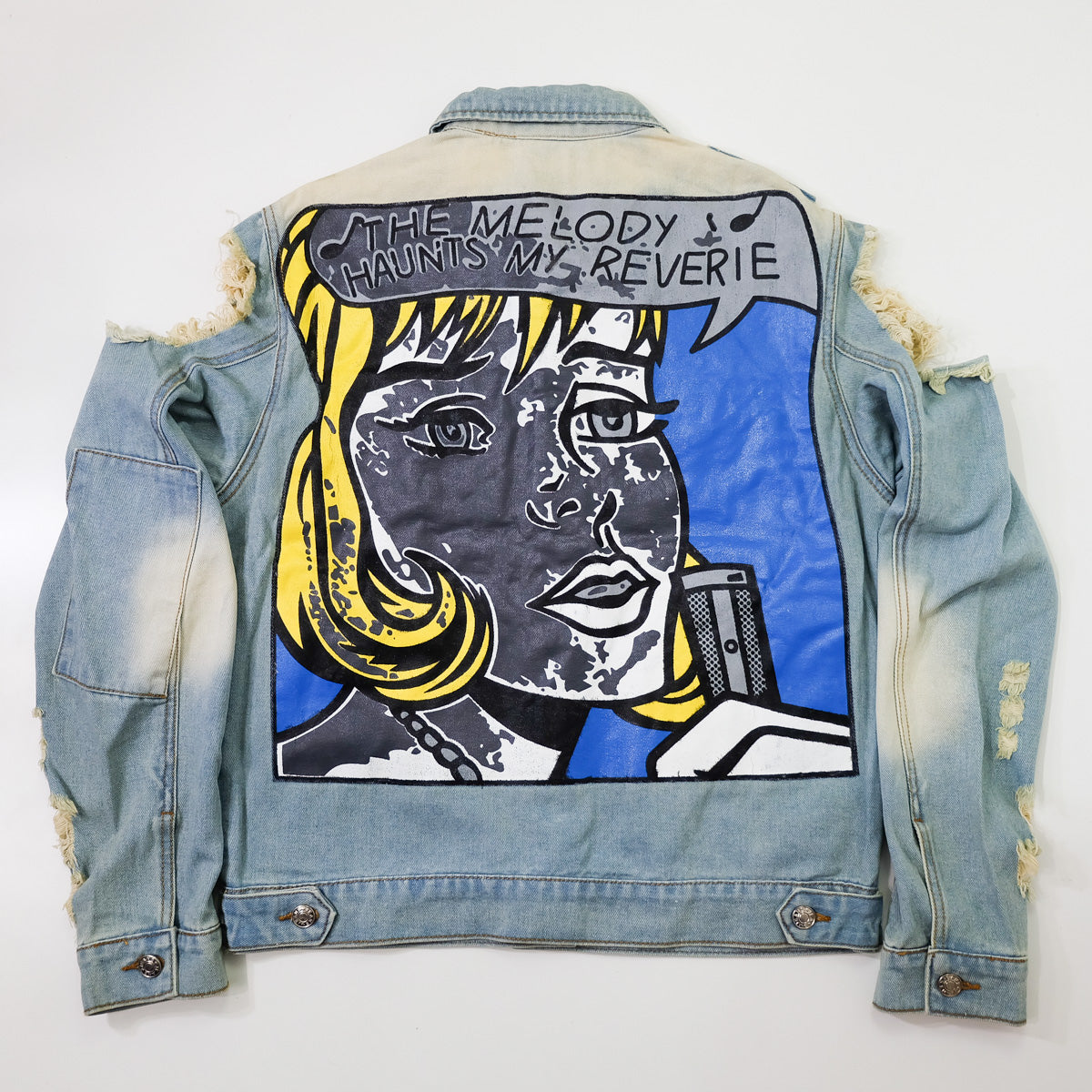 Ladies Pop Art Comic Distressed Denim Jacket Size L | Cutout Shoulder Bleached Jean Jacket Statement Graphic Back