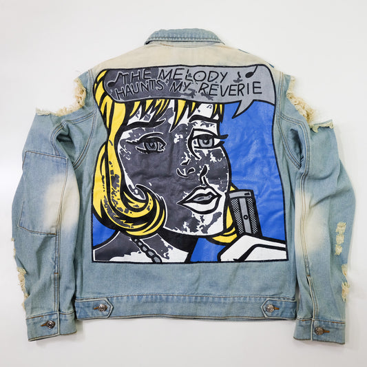 Ladies Pop Art Comic Distressed Denim Jacket Size L | Cutout Shoulder Bleached Jean Jacket Statement Graphic Back