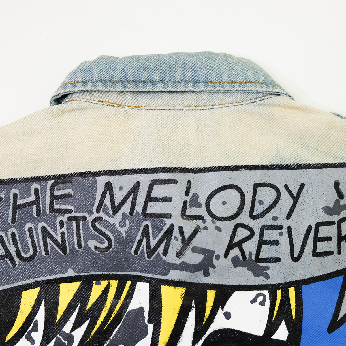 Ladies Pop Art Comic Distressed Denim Jacket Size L | Cutout Shoulder Bleached Jean Jacket Statement Graphic Back